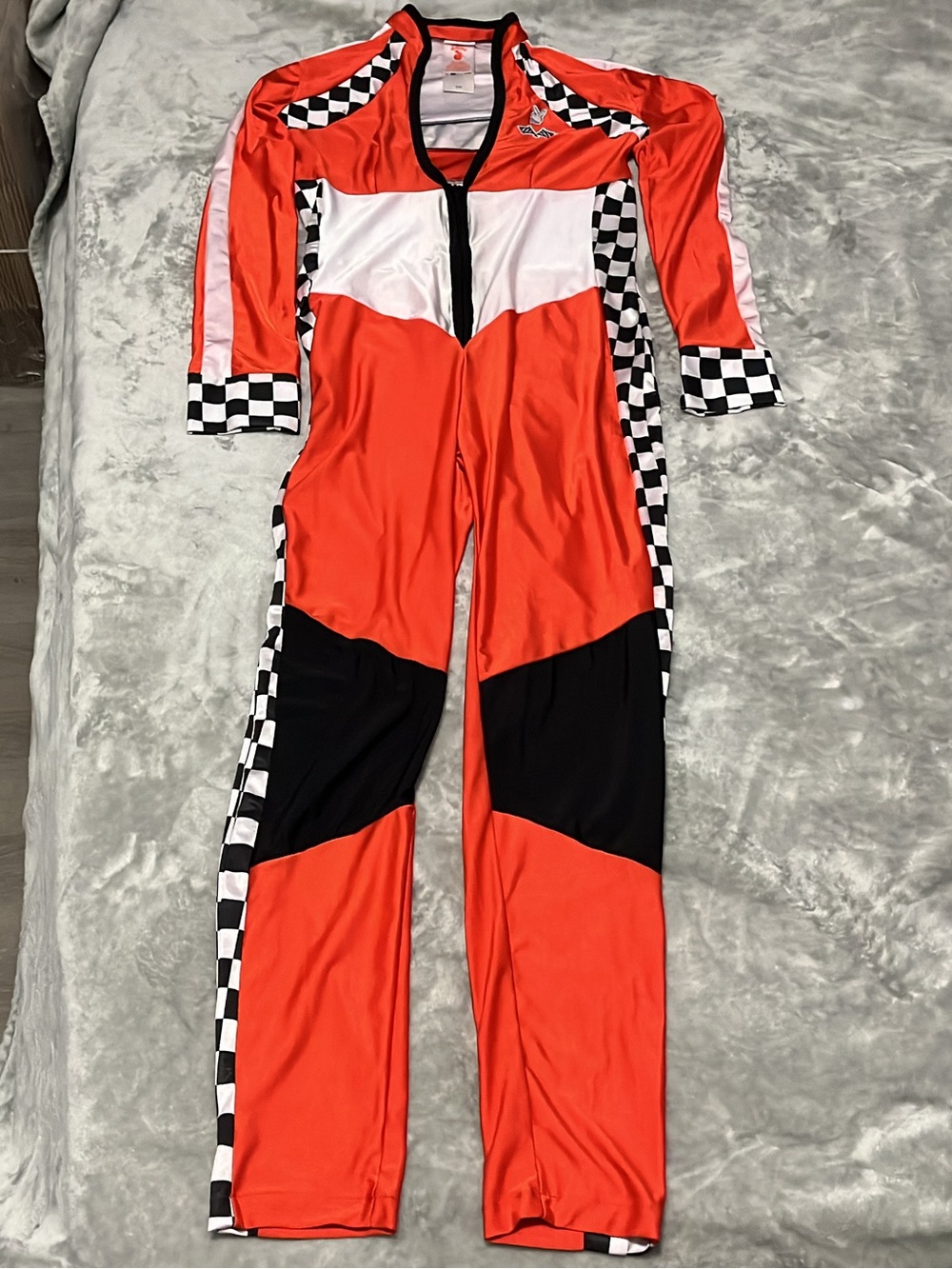 Playboy Race Car Driver Jumpsuit Womens S-M Orange Checkered Halloween Costume
